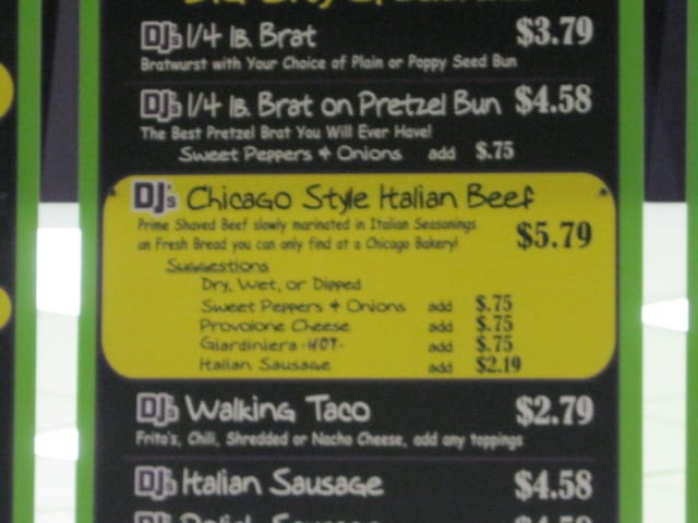 Menu Board at Dj's hotdog in Greenwood Indiana, order Italian Beef